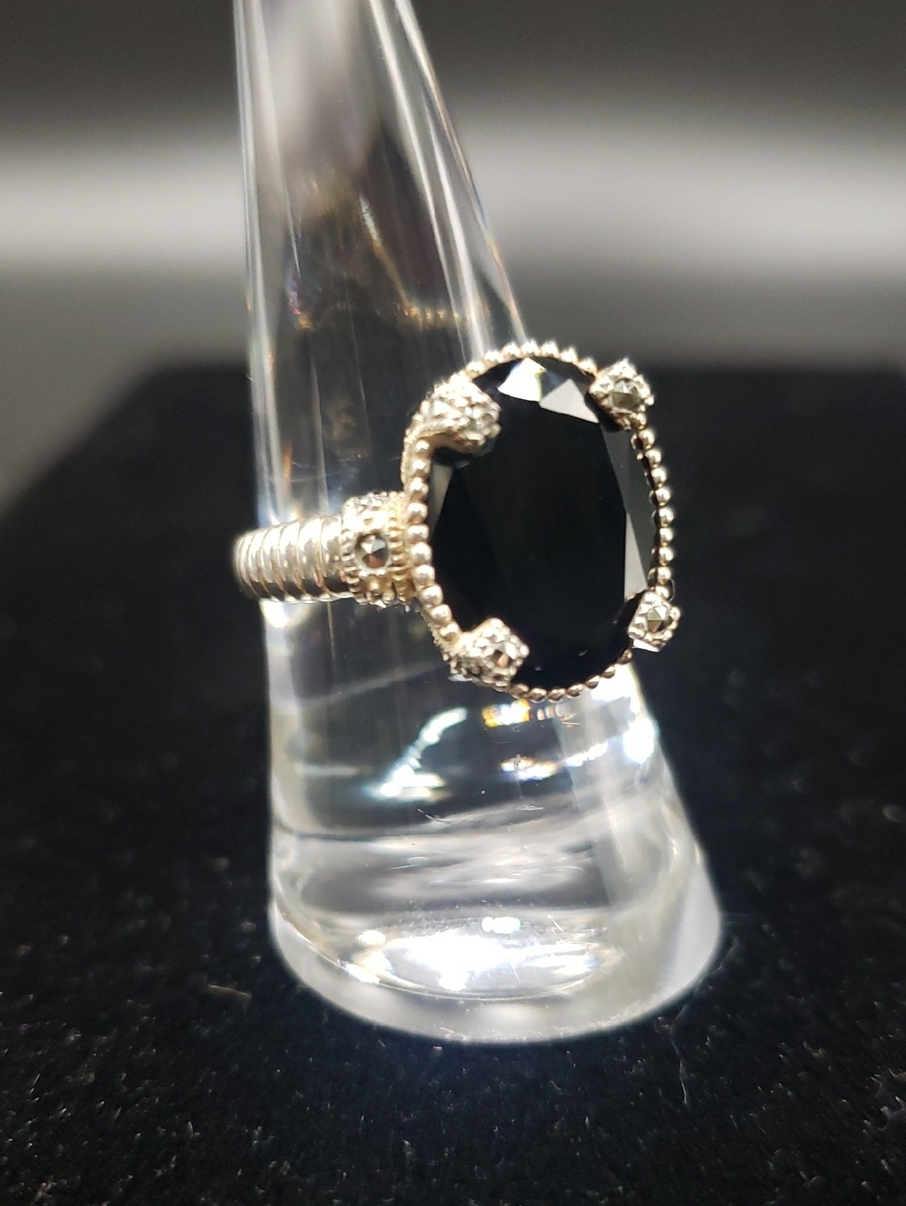 Sterling Silver Faceted Black Onyx with Marcasite Ring